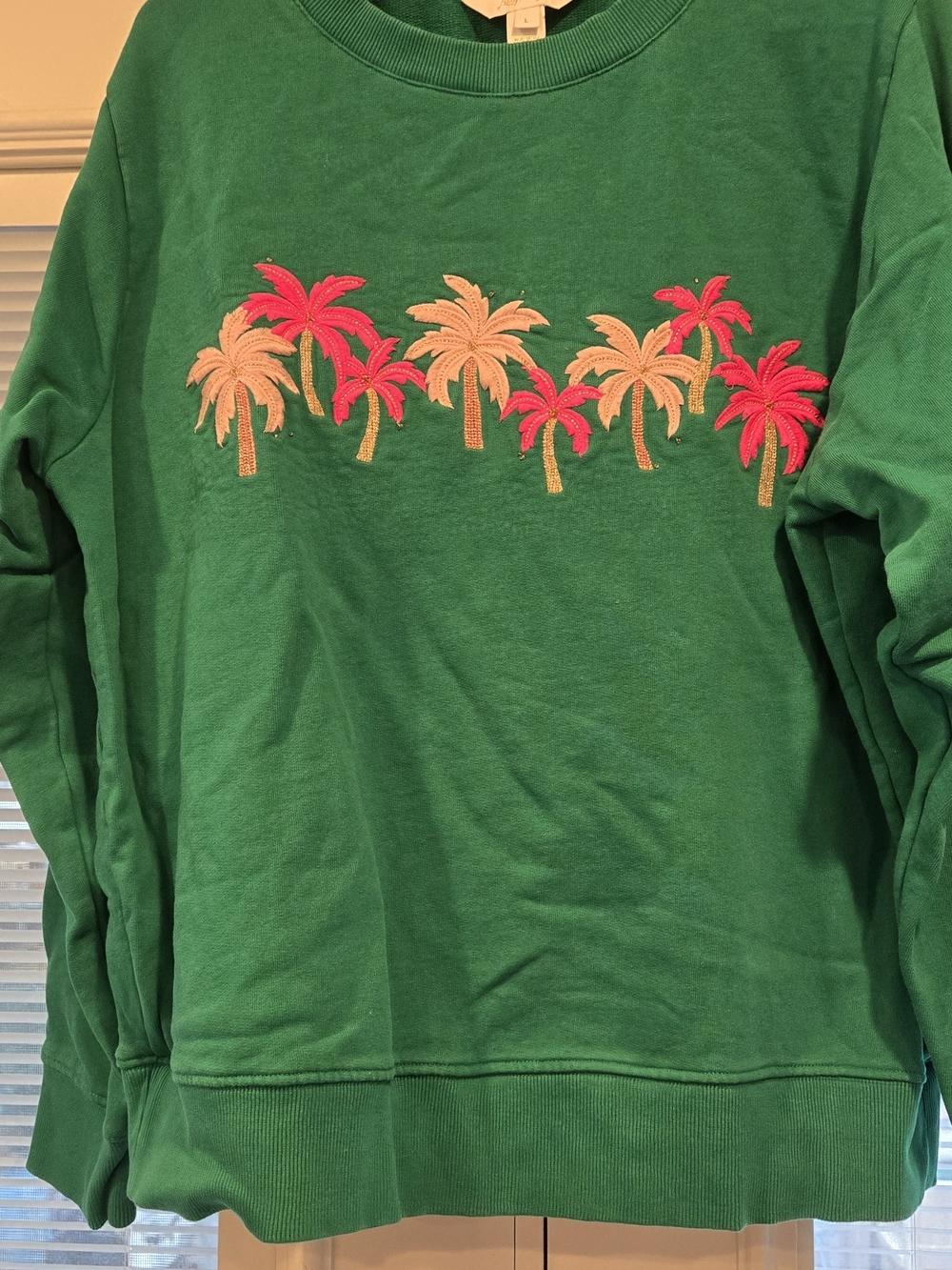 Lilly Pulitzer Green Crewneck with Pink & Peach Palm Embroidery